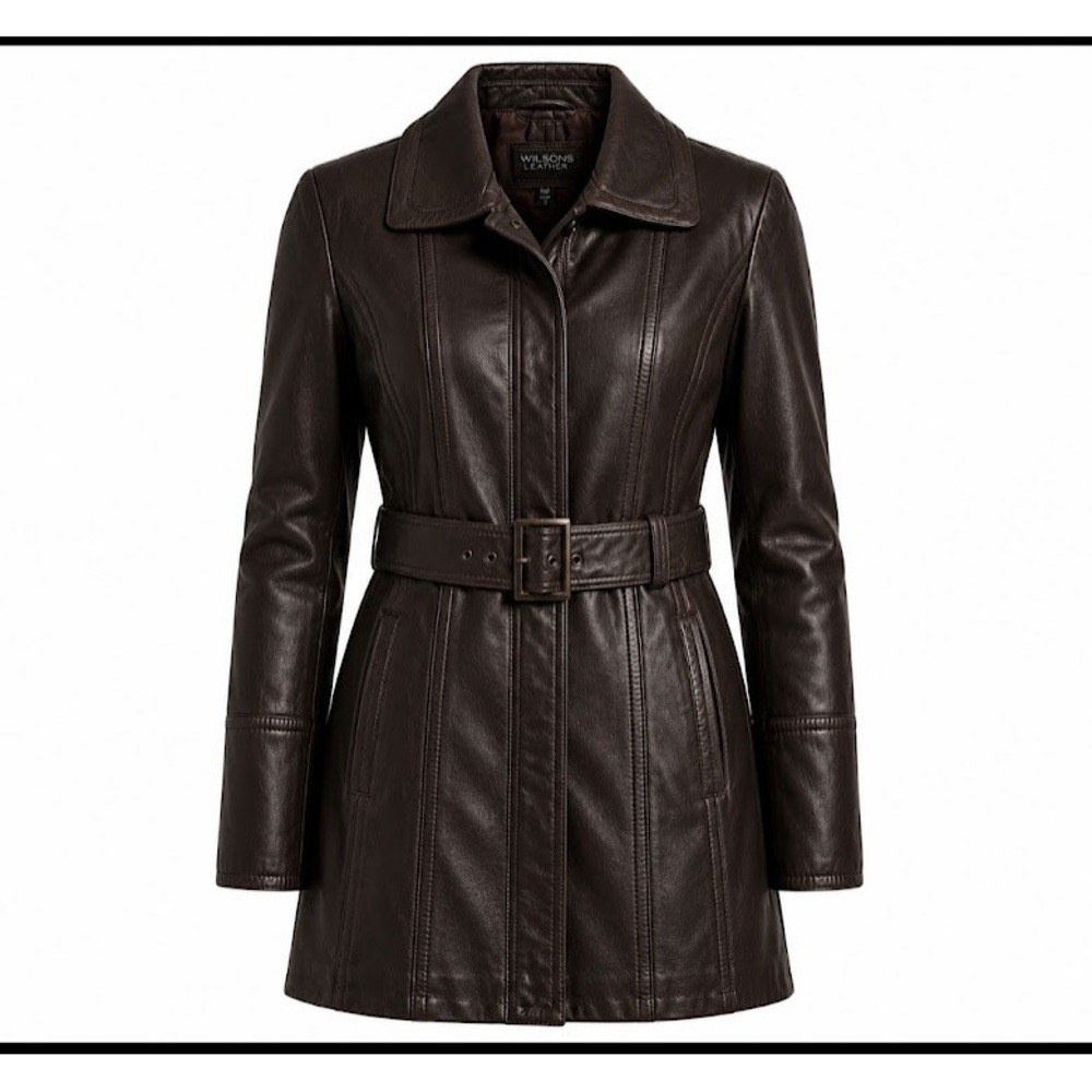 Jones New York Womens Black Genuine Leather Trench Coat Jacket Mid Length Size M